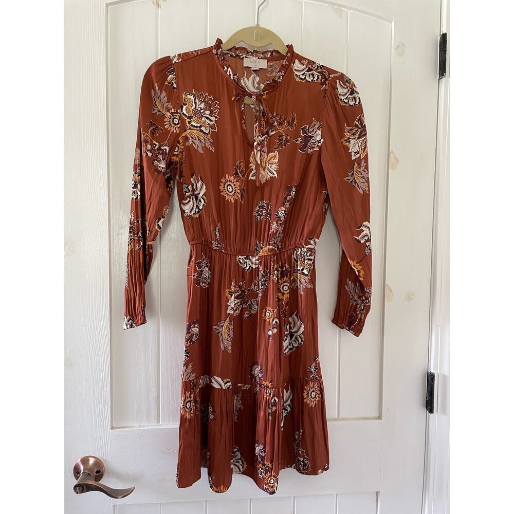 LOFT Rust Floral Tie-Neck Mini Dress